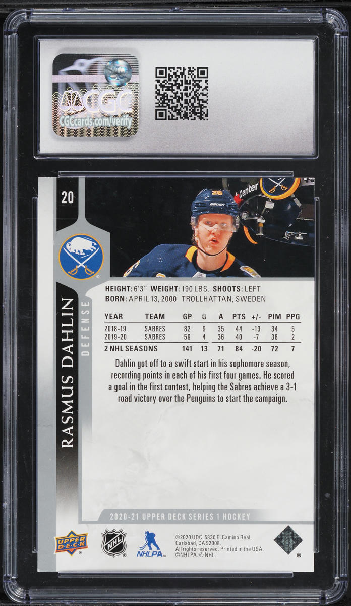 2020 Upper Deck Hockey Rasmus Dahlin #20 CGC 9.5 MINT+