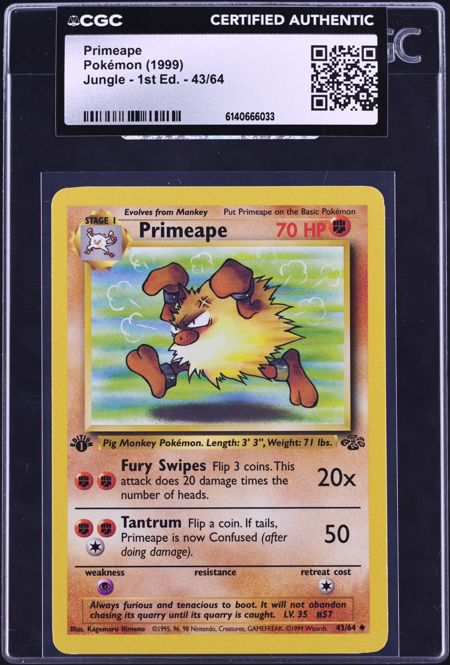 1999 Pokemon Jungle 1st Edition Primeape #43 CGC AUTH