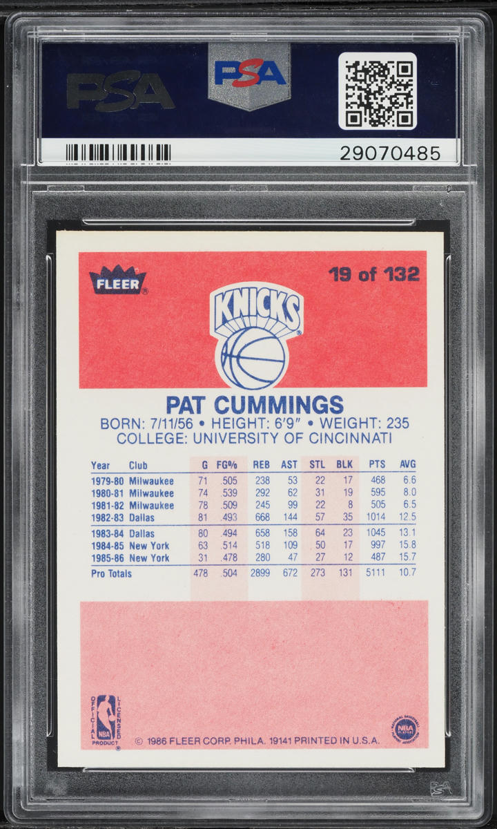 1986 Fleer Basketball Pat Cummings #19 PSA 10 GEM MINT