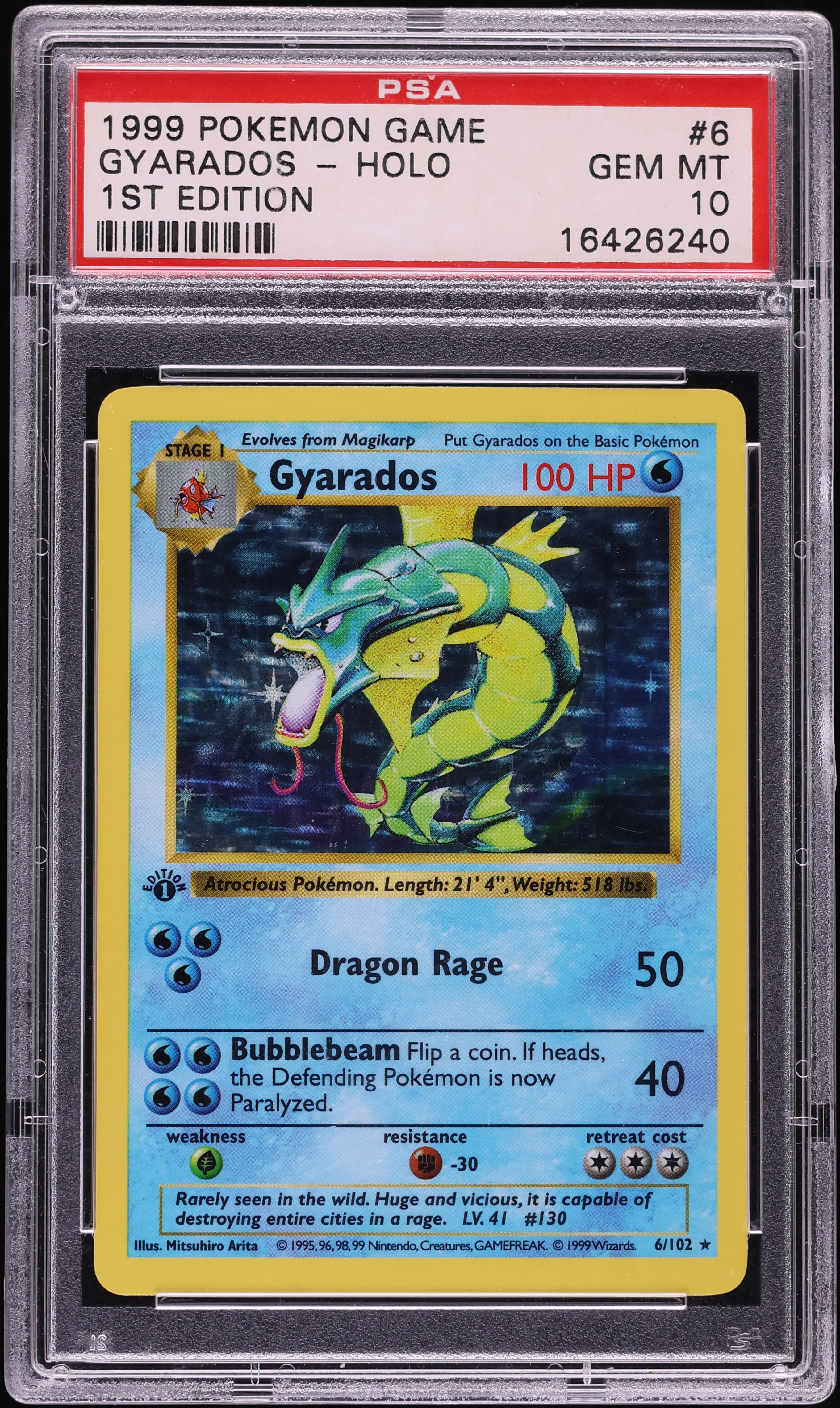 1999 Pokemon Base Set Shadowless 1st Edition Holo Gyarados #6 PSA 10 GEM MINT