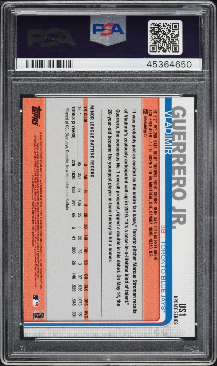2019 Topps Update Pointing Vladimir Guerrero Jr. ROOKIE #US1 PSA 10 GEM MINT - Photo 2