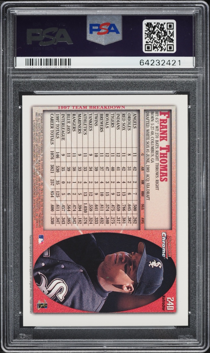 1998 Bowman Chrome Refractor Frank Thomas #240 PSA 10 GEM MINT - Photo 2