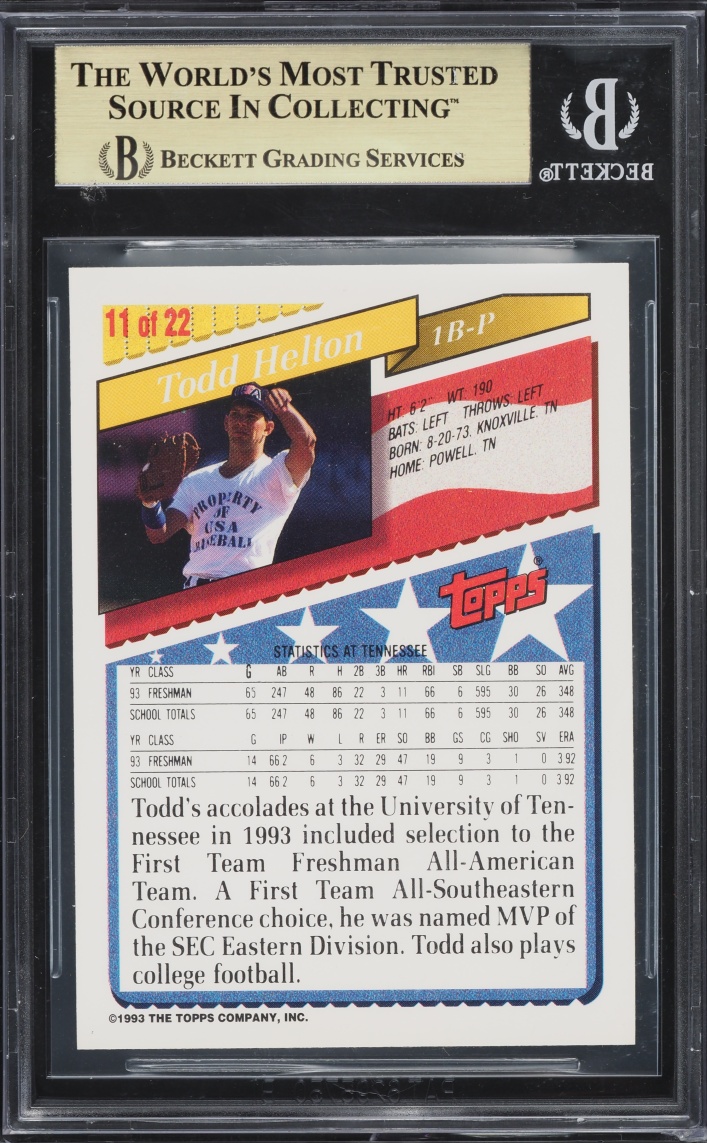 1993 Bazooka Team USA Todd Helton ROOKIE #11 BGS 9.5 GEM MINT - Photo 2
