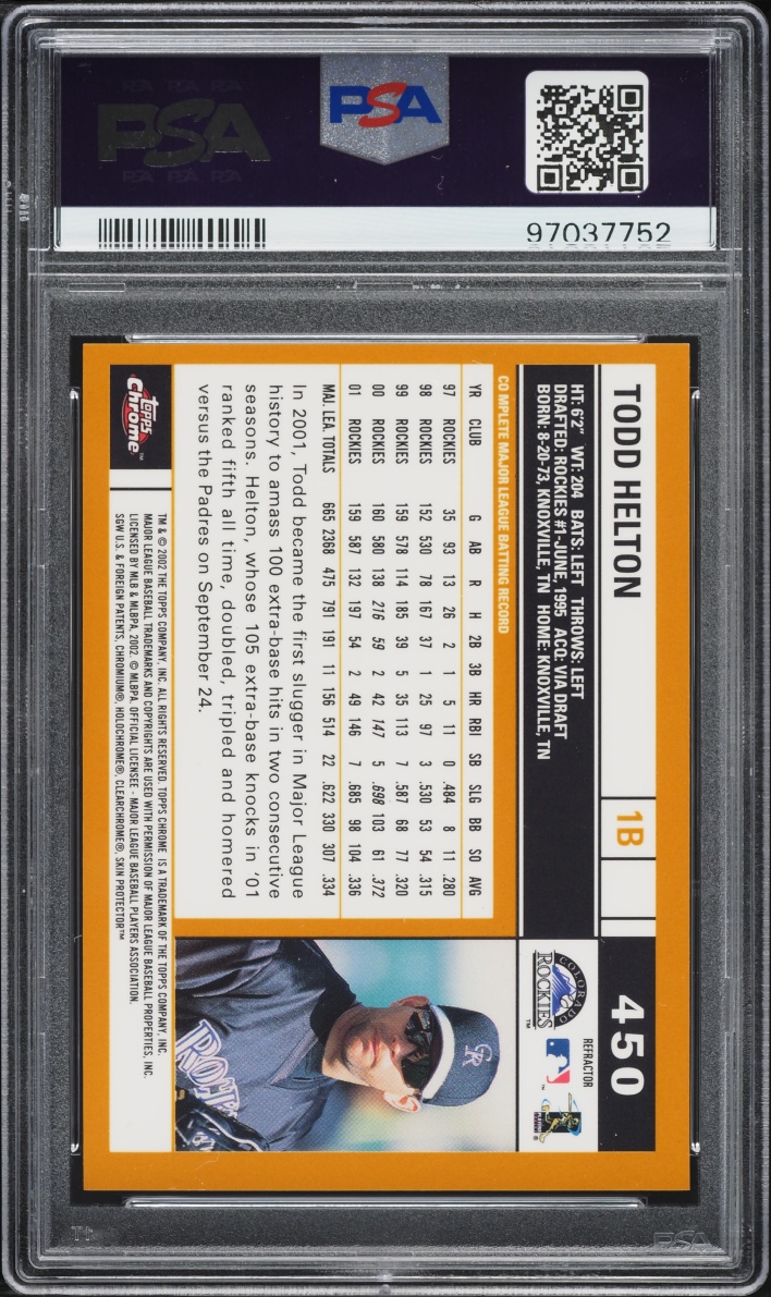 2002 Topps Chrome Gold Refractor Todd Helton #450 PSA 10 GEM MINT - Photo 2