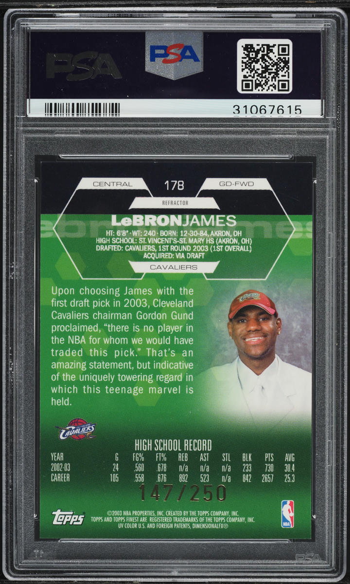 2002 Finest Refractor LeBron James ROOKIE /250 #178 PSA 9 MINT