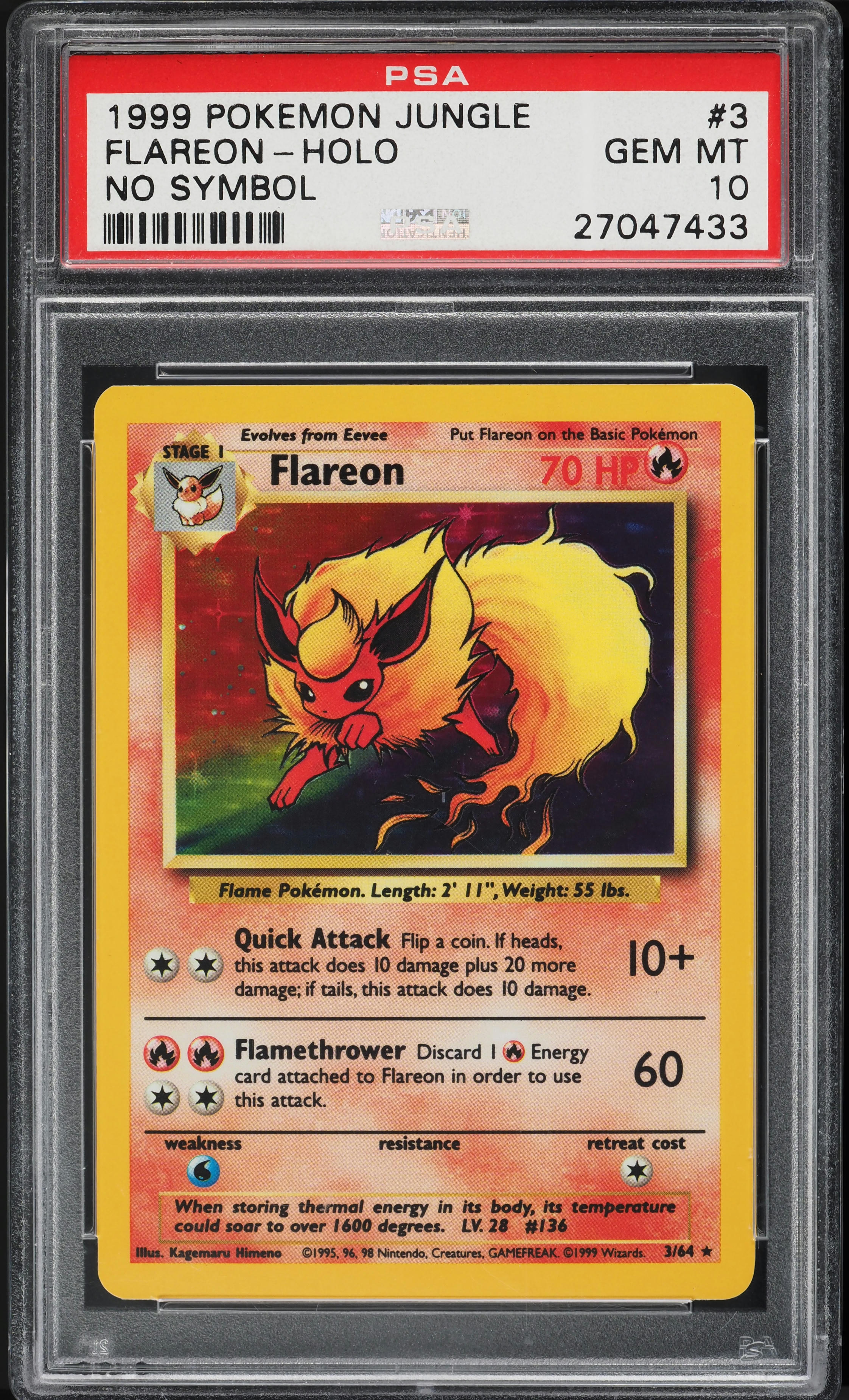 1999 Pokemon Jungle No Symbol Holo Flareon #3 PSA 10 GEM MINT