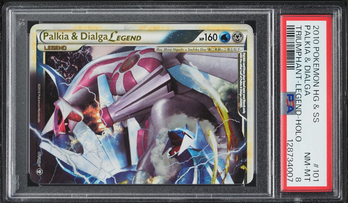 2010 Pokemon HeartGold & SoulSilver Triumphant Holo Palkia & Dialga Legend #101 PSA 8 NM-MT