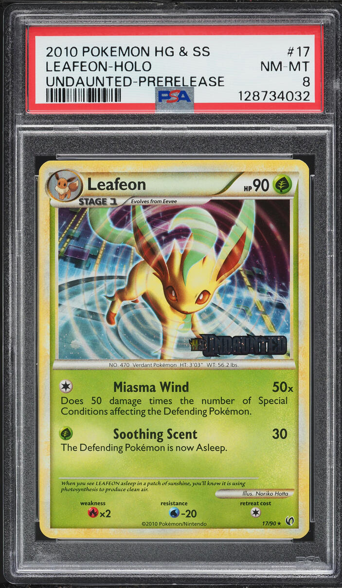 2010 Pokemon HeartGold & SoulSilver Undaunted Prerelease Holo Leafeon #17 PSA 8 NM-MT