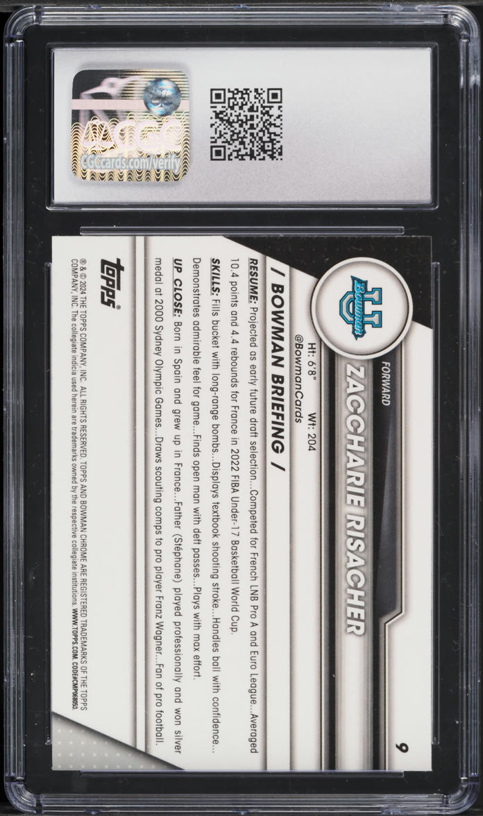 2023 Bowman Chrome University Pink Refractor Zaccharie Risacher ROOKIE #9 CGC 10