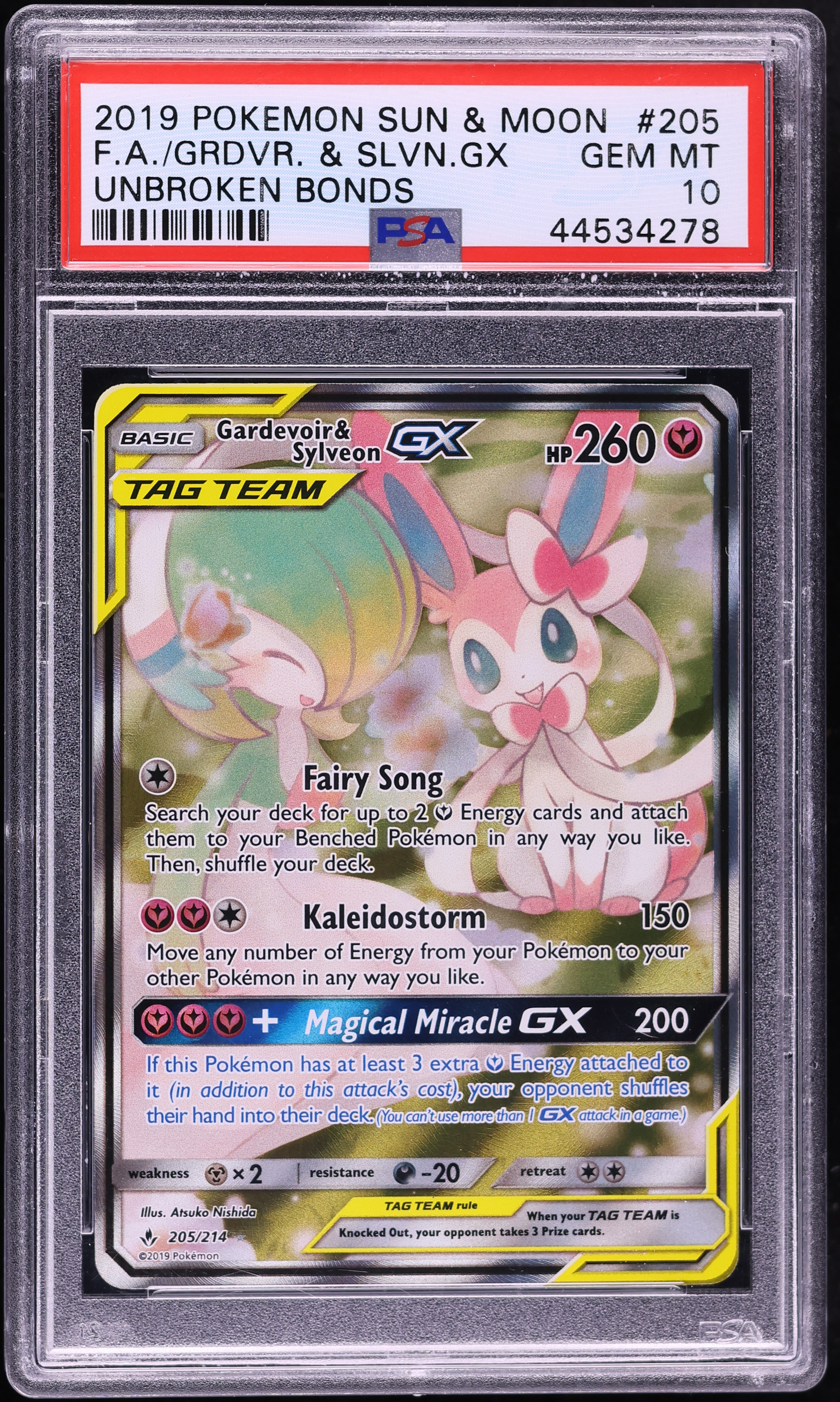 2019 Pokemon Sun & Moon Unbroken Bonds Alt Art Gardevoir & Sylveon GX #205 PSA 10 GEM MINT