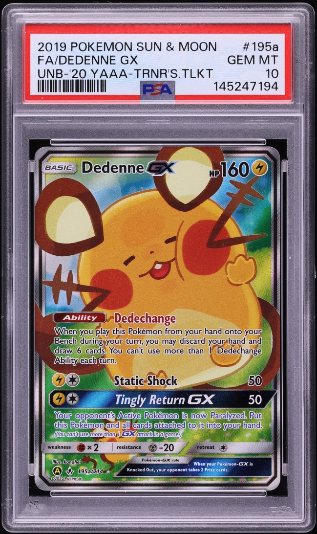 2020 Pokemon Sun & Moon Unbroken Bonds Trainer's Toolkit Alt Art Dedenne GX #195a PSA 10 GEM