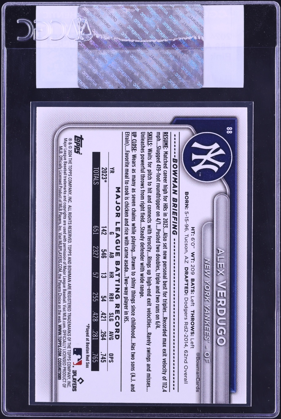 2024 Bowman Pink Alex Verdugo /175 #88 CGC AUTH