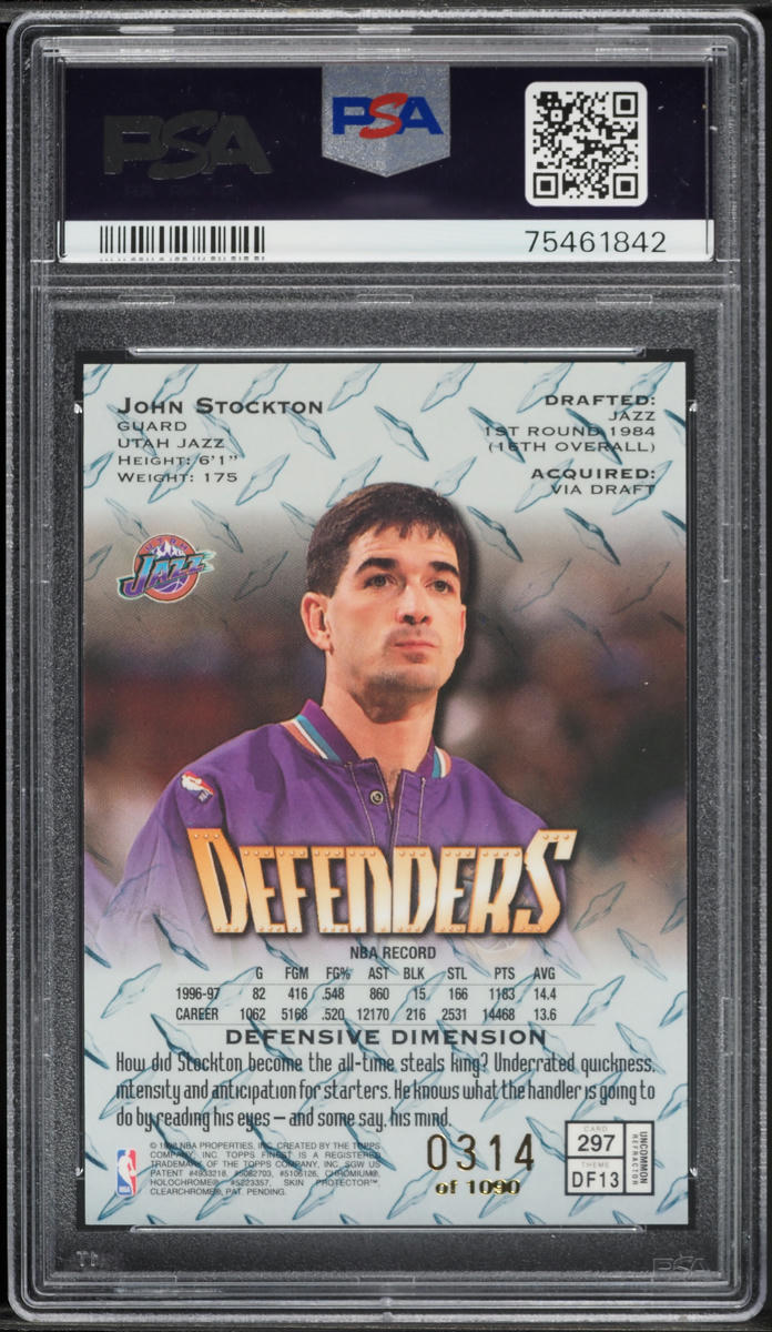 1997 Finest Refractor John Stockton /1090 #297 PSA 9 MINT