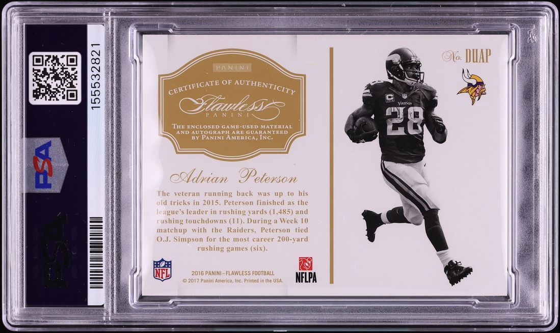 2016 Panini Flawless Dual Sapphire Adrian Peterson GAME-USED PATCH AUTO 5/5 #DUAP PSA 9 MINT - Photo 2