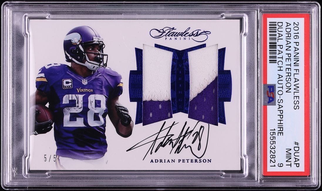 2016 Panini Flawless Dual Sapphire Adrian Peterson GAME-USED PATCH AUTO 5/5 #DUAP PSA 9 MINT - Photo 1