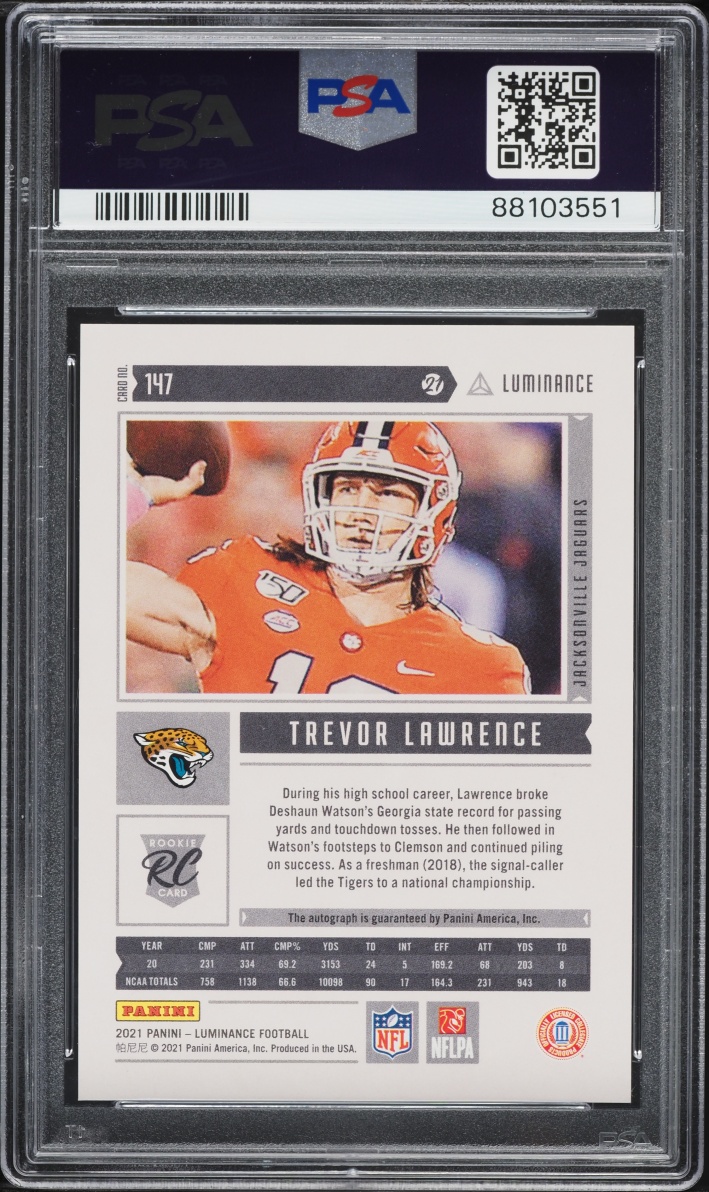 2021 Panini Luminance Trevor Lawrence ROOKIE AUTO /75 #147 PSA 9 MINT