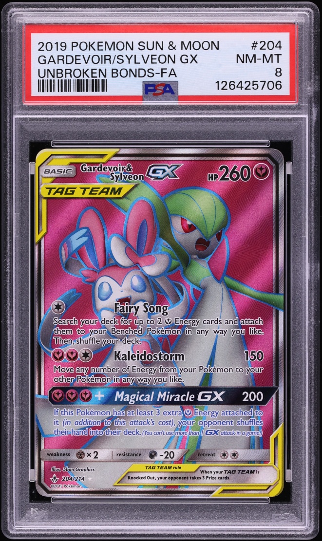 2019 Pokemon Sun & Moon Unbroken Bonds Full Art Gardevoir & Sylveon GX #204 PSA 8 NM-MT