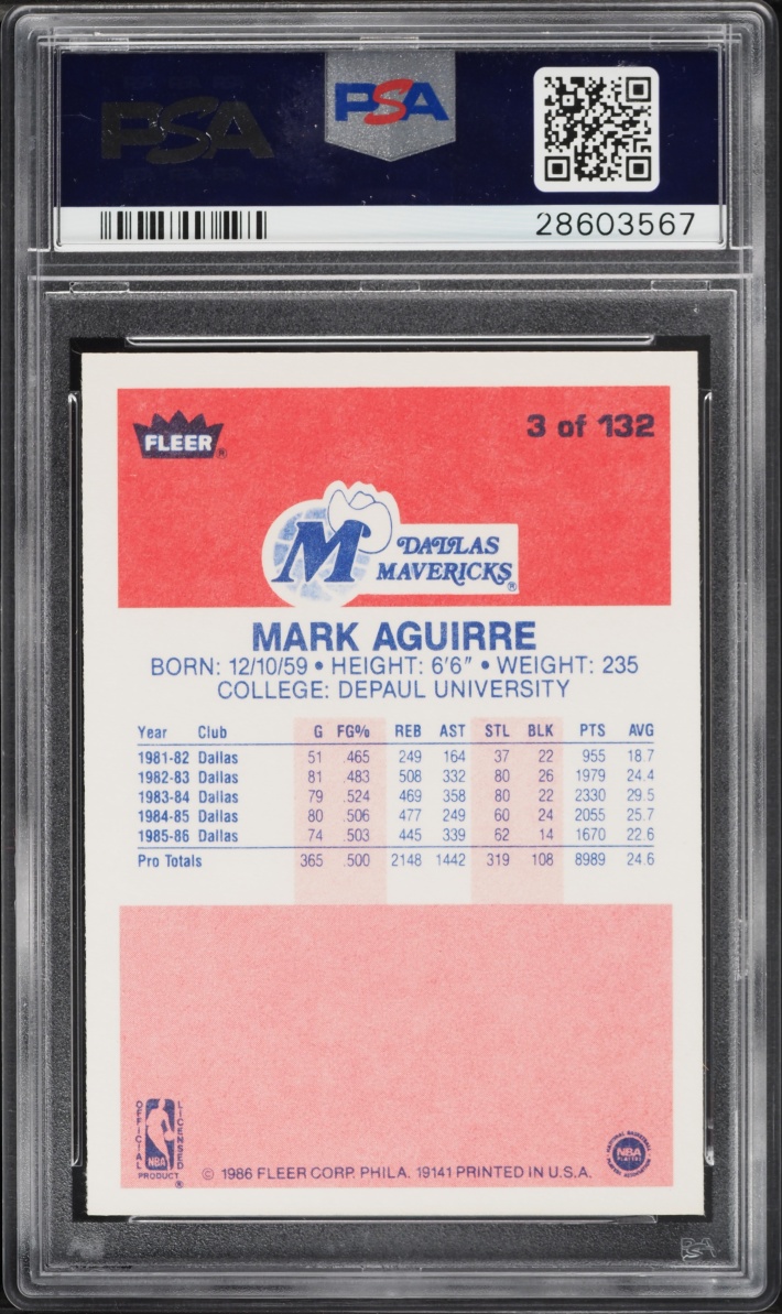 1986 Fleer Basketball Mark Aguirre #3 PSA 9 MINT