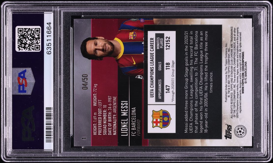 2020 Stadium Club Chrome UEFA Gold Refractor Lionel Messi /50 #1 PSA 10 GEM MINT