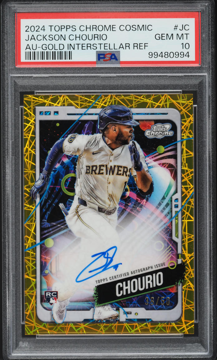 2024 Topps Chrome Cosmic Gold Interstellar Jackson Chourio RC AUTO /50 PSA 10