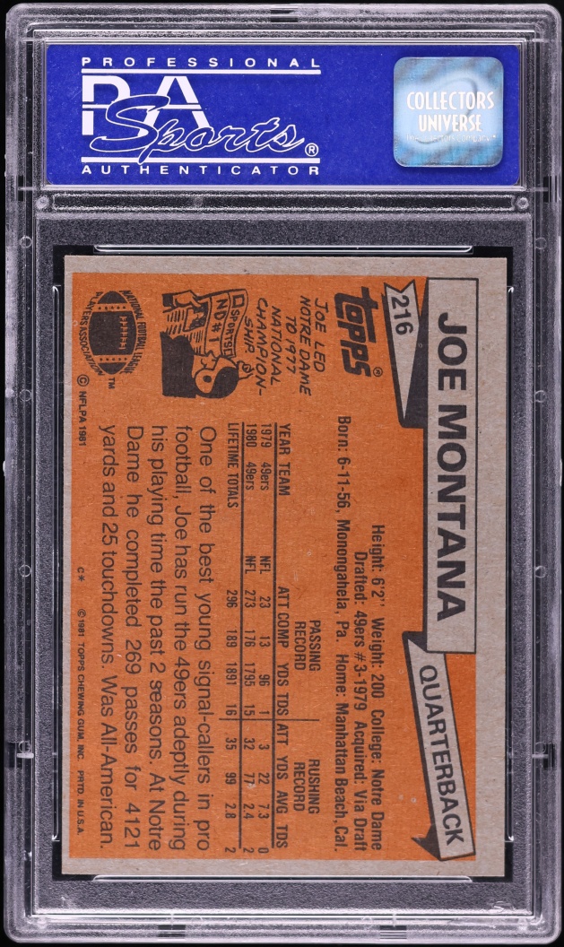 1981 Topps Football Joe Montana ROOKIE #216 PSA 9 MINT