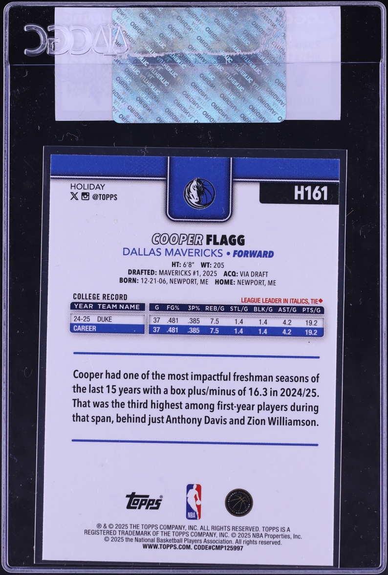 2025 Topps Holiday Cooper Flagg ROOKIE #H161 CGC AUTH