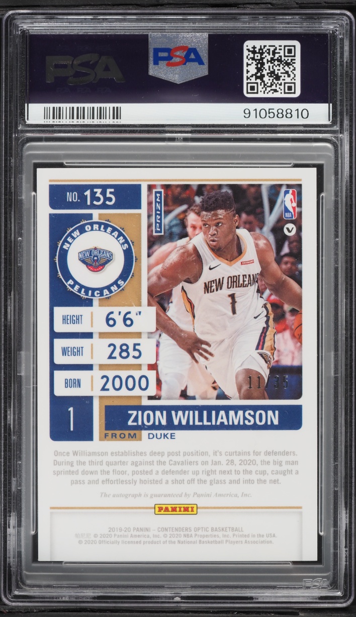 2019 Panini Contenders Optic Blue Zion Williamson SP ROOKIE AUTO /35 #135 PSA 10 GEM MINT - Photo 2
