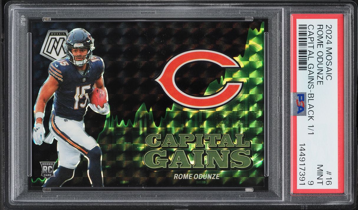 2024 Panini Mosaic Capital Gains Black Prizm Rome Odunze ROOKIE 1/1 #16 PSA 9 MINT