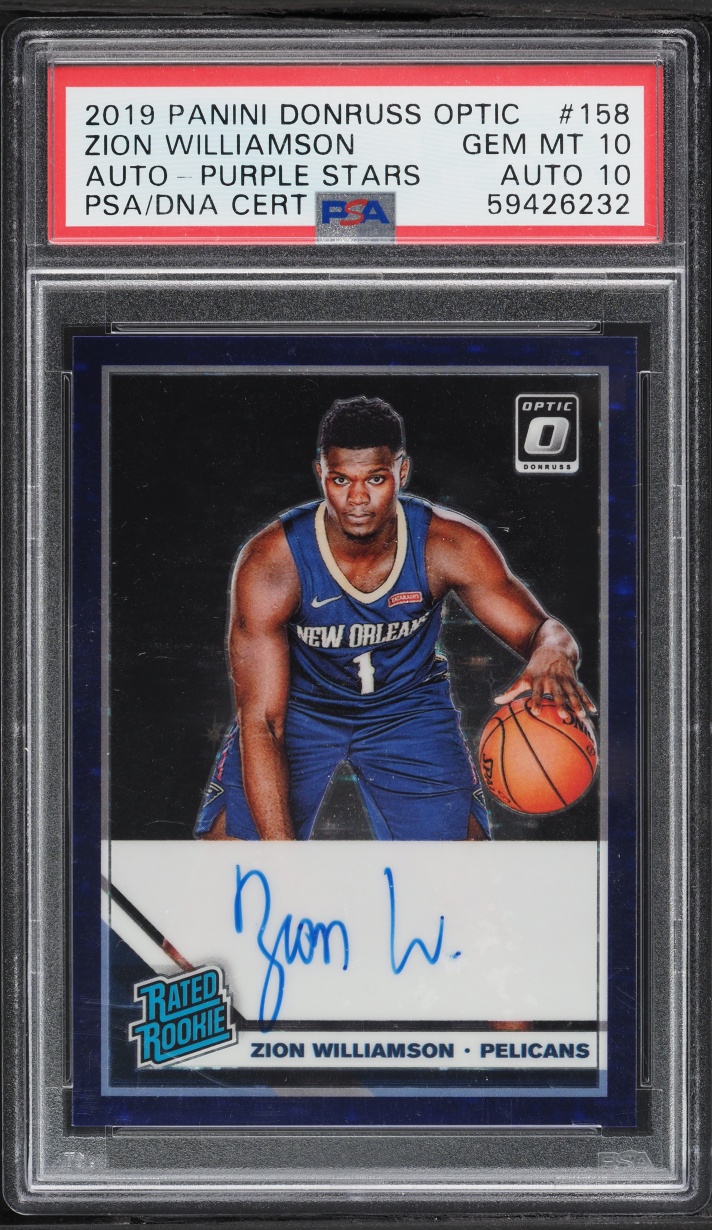 2019 Donruss Optic Purple Stars Prizm Zion Williamson ROOKIE AUTO DNA 10 /49 #158 PSA 10 GEM