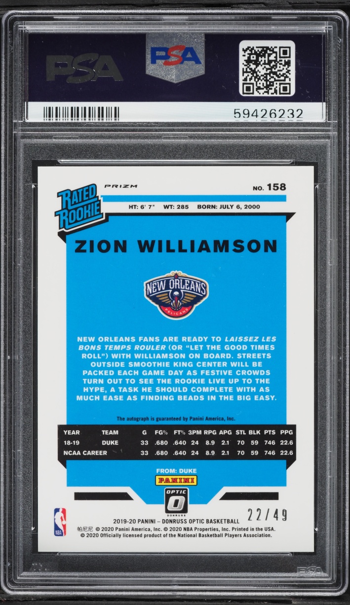 2019 Donruss Optic Purple Stars Prizm Zion Williamson ROOKIE AUTO DNA 10 /49 #158 PSA 10 GEM - Photo 2