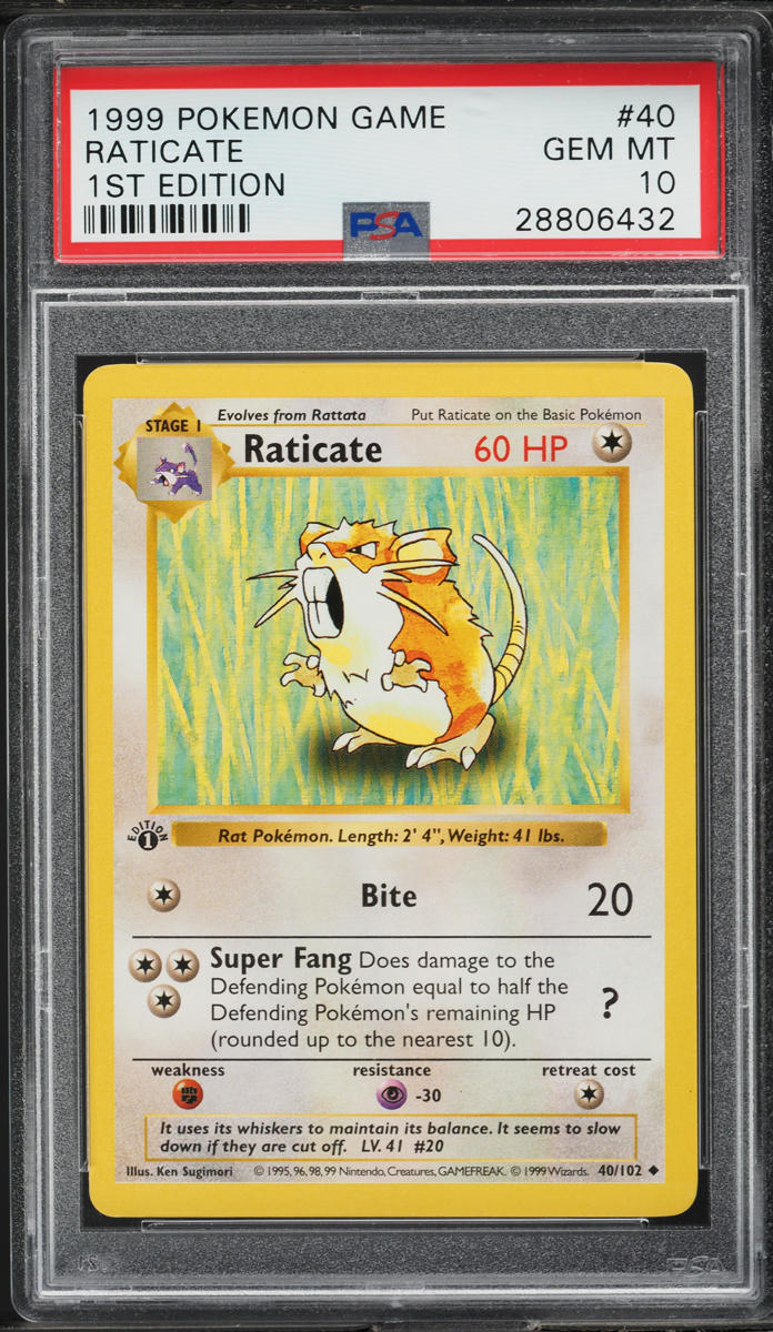 1999 Pokemon Base Set Shadowless 1st Edition Raticate #40 PSA 10 GEM MINT