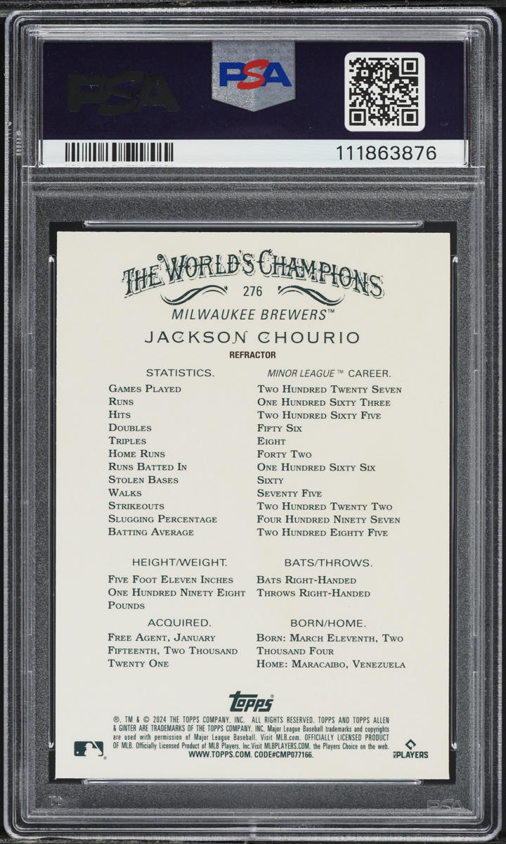 2024 Topps Allen & Ginter Chrome Refractor Jackson Chourio ROOKIE #276 PSA 9