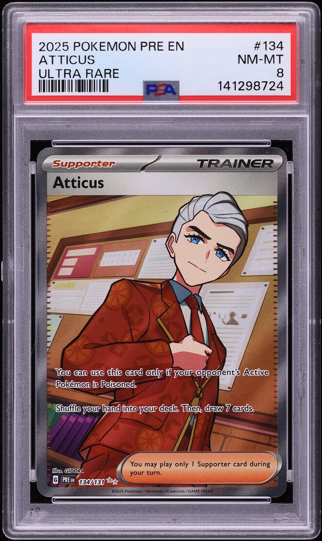2025 Pokemon Scarlet & Violet Prismatic Evolutions Full Art Atticus #134 PSA 8 NM-MT