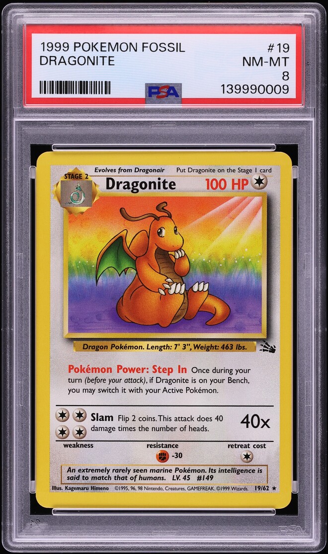 1999 Pokemon Fossil Dragonite #19 PSA 8 NM-MT