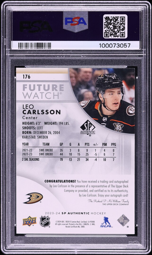 2023 SP Authentic Hockey Leo Carlsson ROOKIE AUTO /999 #176 PSA 9 MINT
