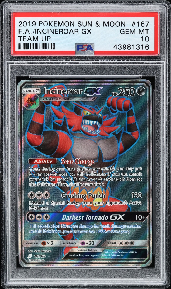 2019 Pokemon Sun & Moon Team Up Full Art Incineroar GX #167 PSA 10 GEM MINT