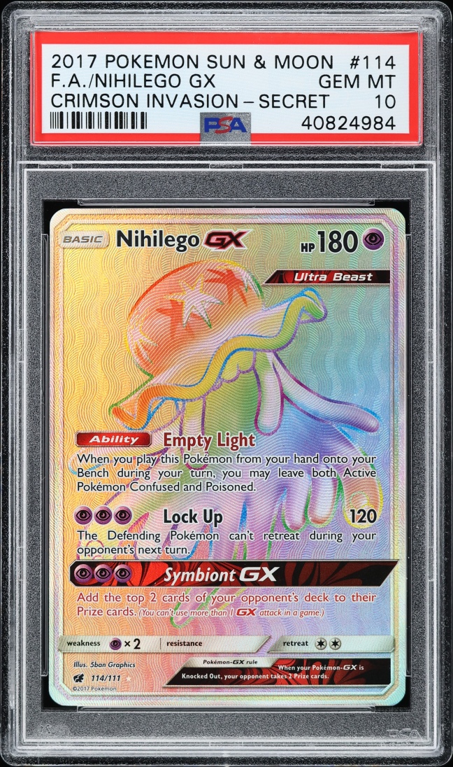2017 Pokemon Sun & Moon Crimson Invasion Rainbow Rare Nihilego GX #114 PSA 10 GEM MINT