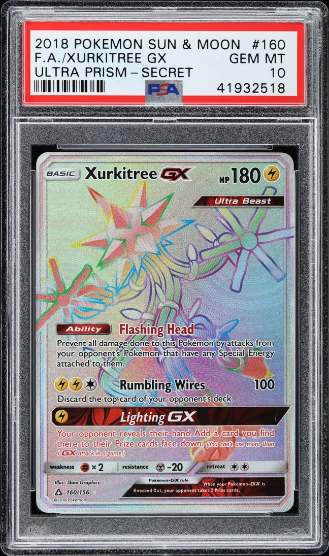 2018 Pokemon Sun & Moon Ultra Prism Rainbow Rare Xurkitree GX #160 PSA 10 GEM MINT