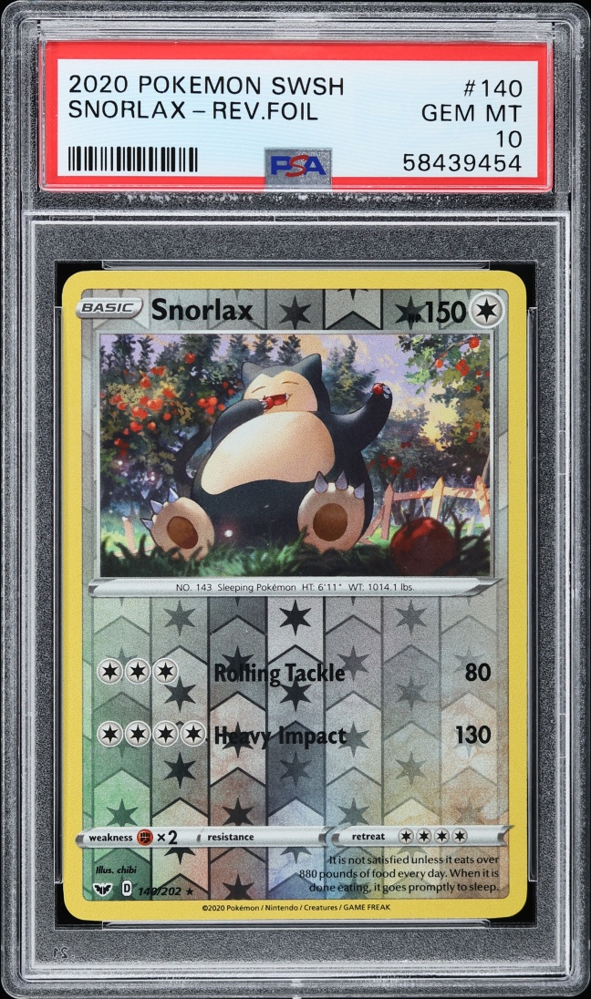 2020 Pokemon Sword & Shield Reverse Holo Snorlax #140 PSA 10 GEM MINT
