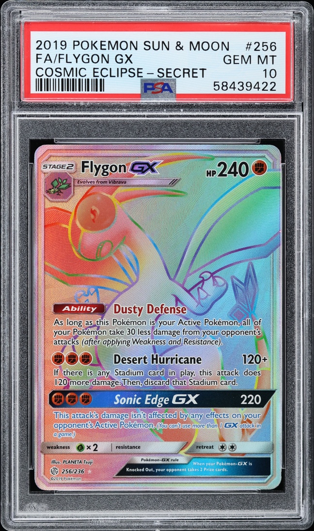 2019 Pokemon Sun & Moon Cosmic Eclipse Rainbow Rare Flygon GX #256 PSA 10 GEM MINT