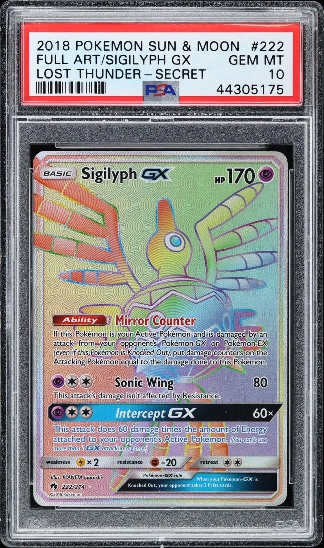 2018 Pokemon Sun & Moon Lost Thunder Secret Rainbow Rare Sigilyph GX #222 PSA 10 GEM MINT