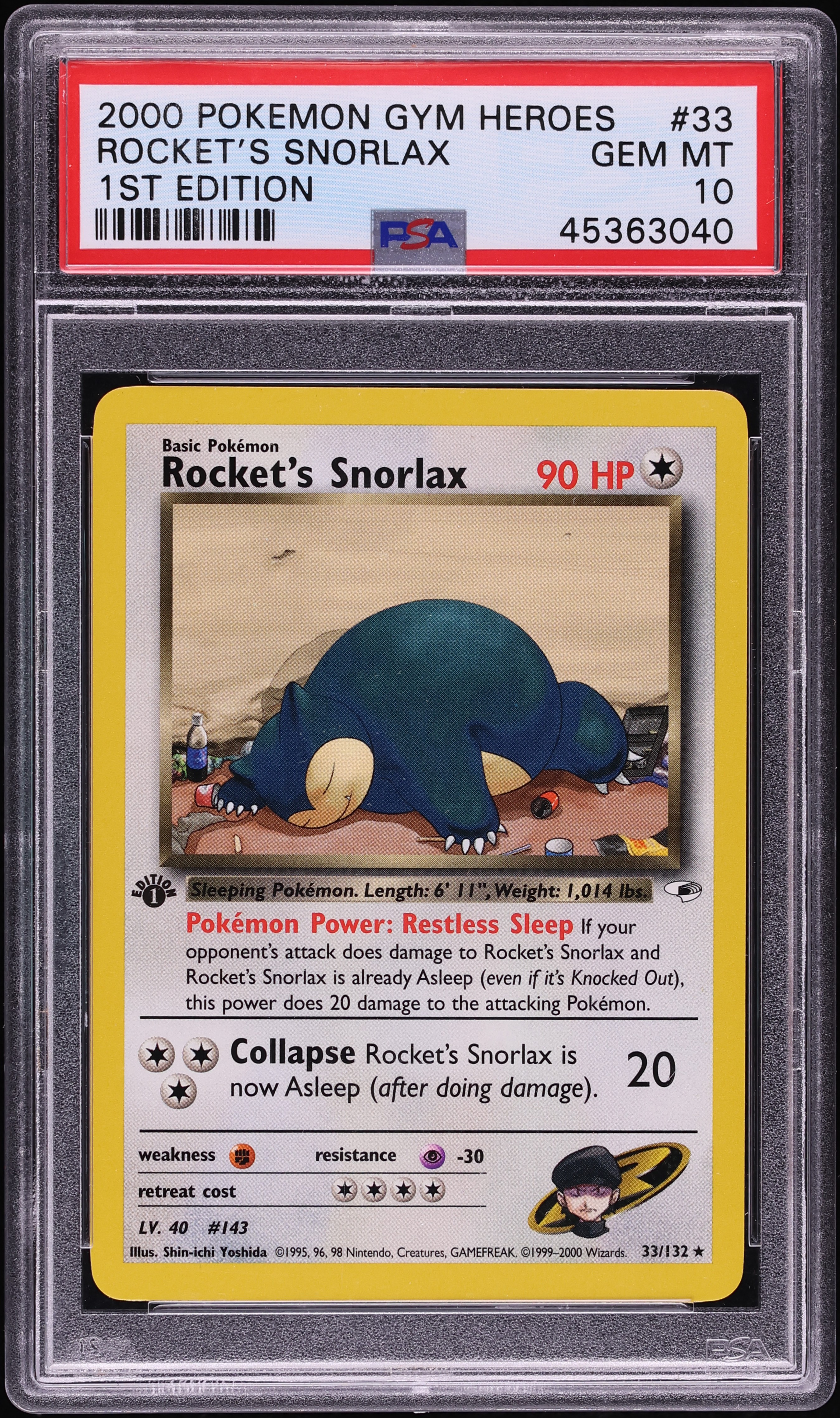 2000 Pokemon Gym Heroes 1st Edition Rocket's Snorlax #33 PSA 10 GEM MINT