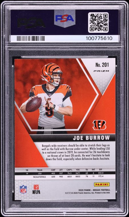 2020 Panini Mosaic Pink Camo Joe Burrow ROOKIE #201 PSA 10 GEM MINT