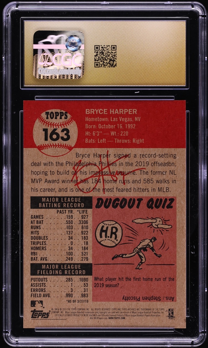 2019 Topps Living Set Bryce Harper #163 CGC 10 PRISTINE