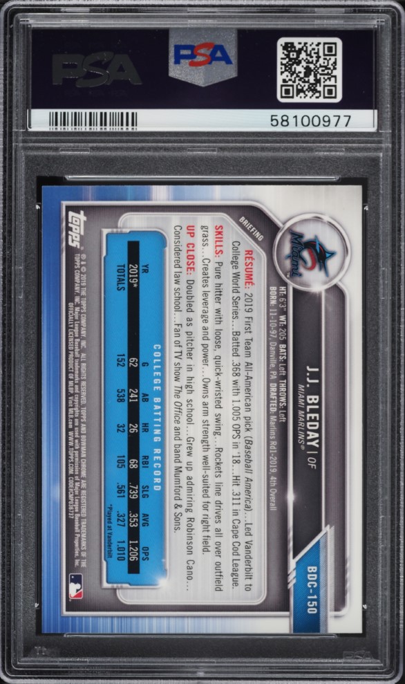 2019 Bowman Chrome Draft Batting J.J. Bleday PROSPECT #BDC-150 PSA 9 MINT