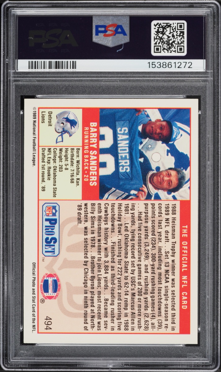 1989 Pro Set Football Barry Sanders ROOKIE #494 PSA 8 NM-MT