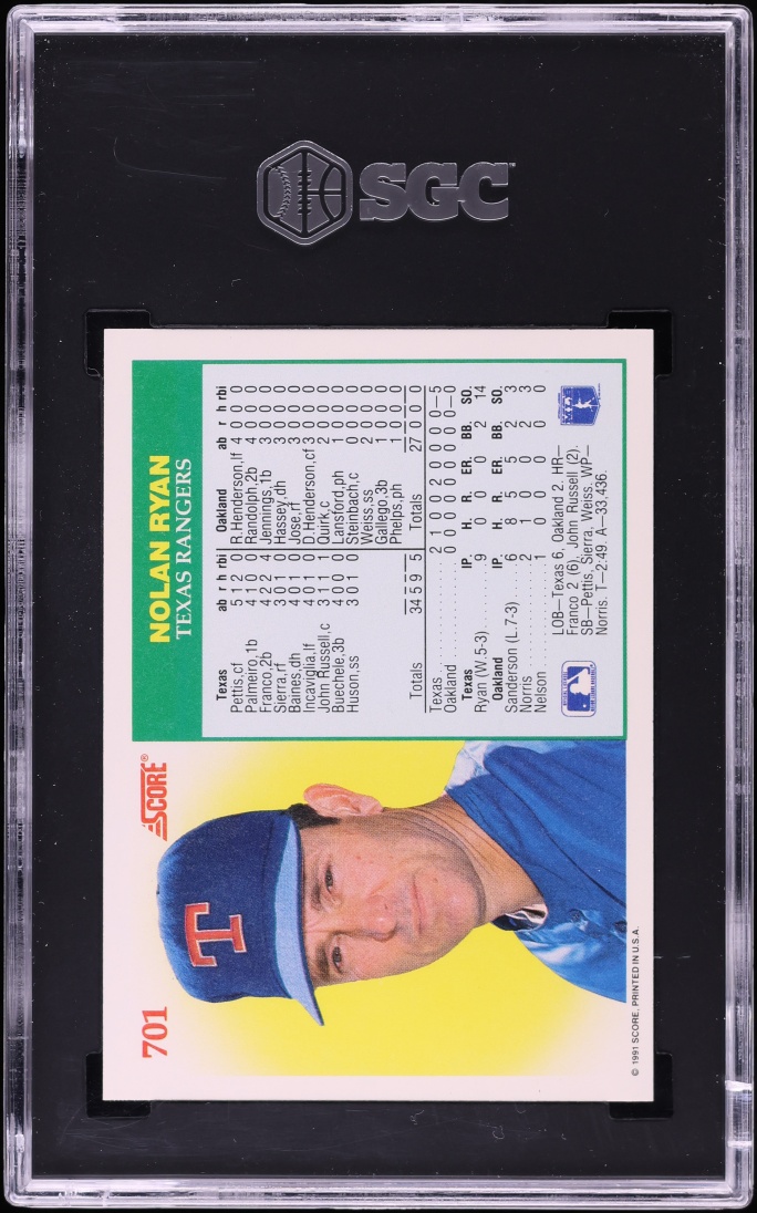 1991 Score No-Hit Club Nolan Ryan #701 SGC 10 GEM MINT