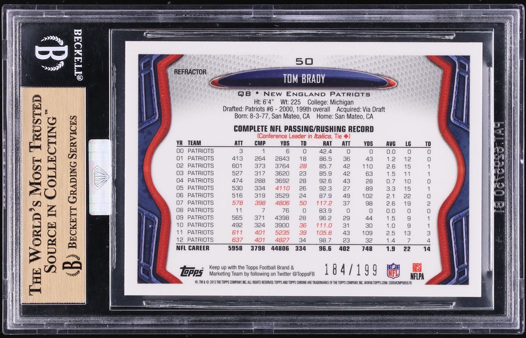 2013 Topps Chrome Blue Refractor Tom Brady /199 #50 BGS 10 PRISTINE