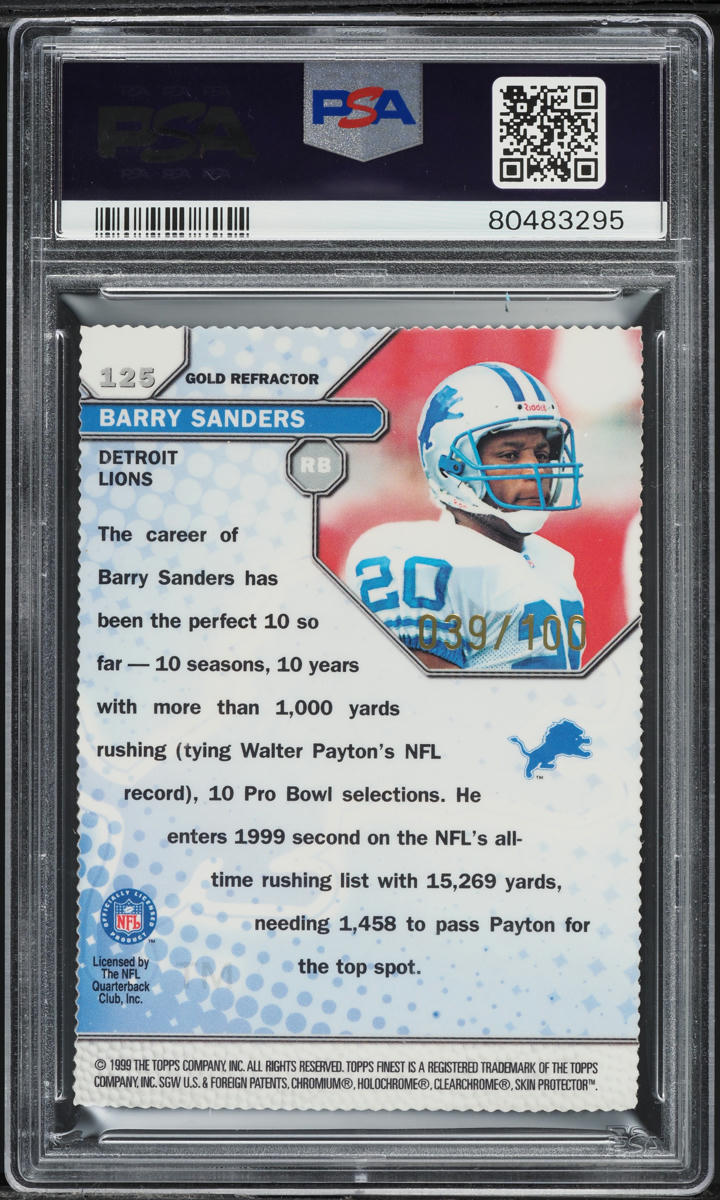 1999 Finest Gold Refractor Barry Sanders /100 #125 PSA 10 GEM MINT