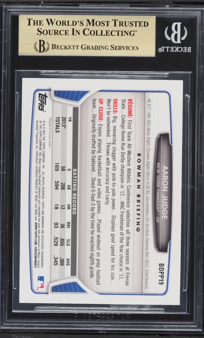 2013 Bowman Draft Picks Aaron Judge PROSPECT #BDPP19 BGS 9.5 GEM MINT
